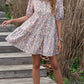 Pink Floral Button Shirt Collar Puff Sleeve Ruffle Dress