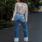 Stepped Waist Raw Hem Rolled Straight Jeans