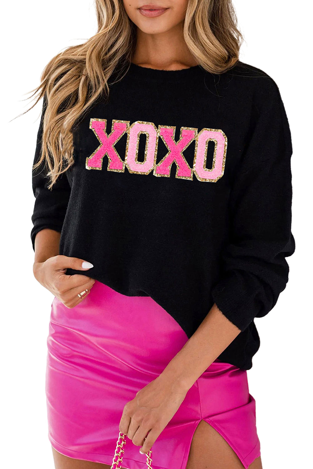 Sweater Black XOXO Glitter Print Round Neck