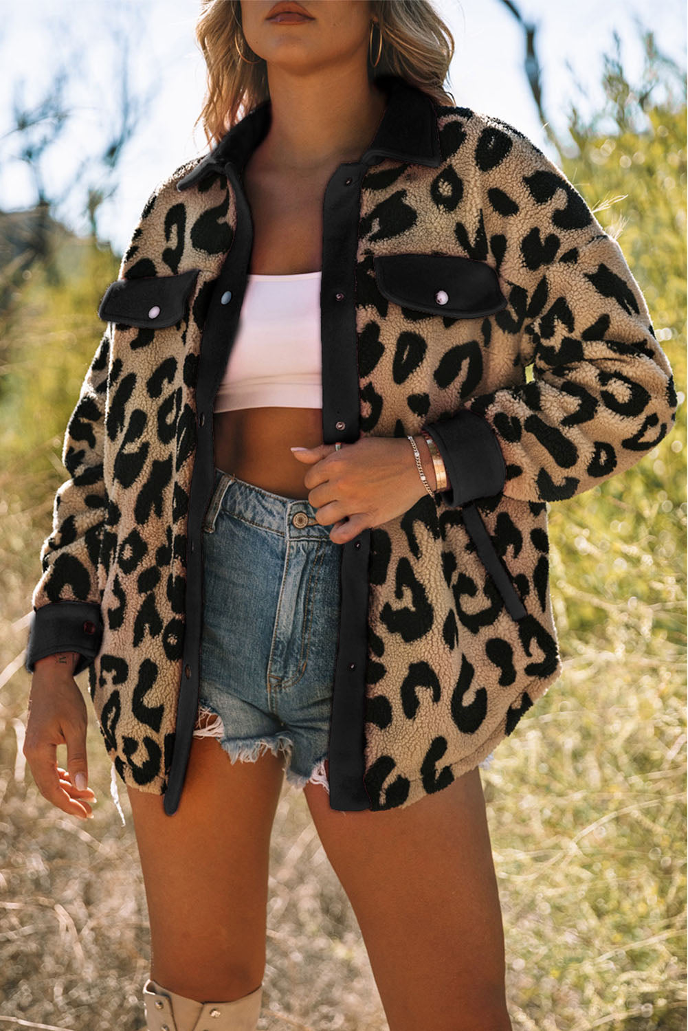 Jacket Shacket Shirt Black Contrast Trimmed Leopard Teddy