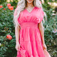 Strawberry Pink Ruched Sleeve V Neck Smock Waist Tiered Ruffled Dress