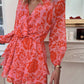 Fiery Red Floral Ruffle Layered Puff Sleeve Surplice Dress