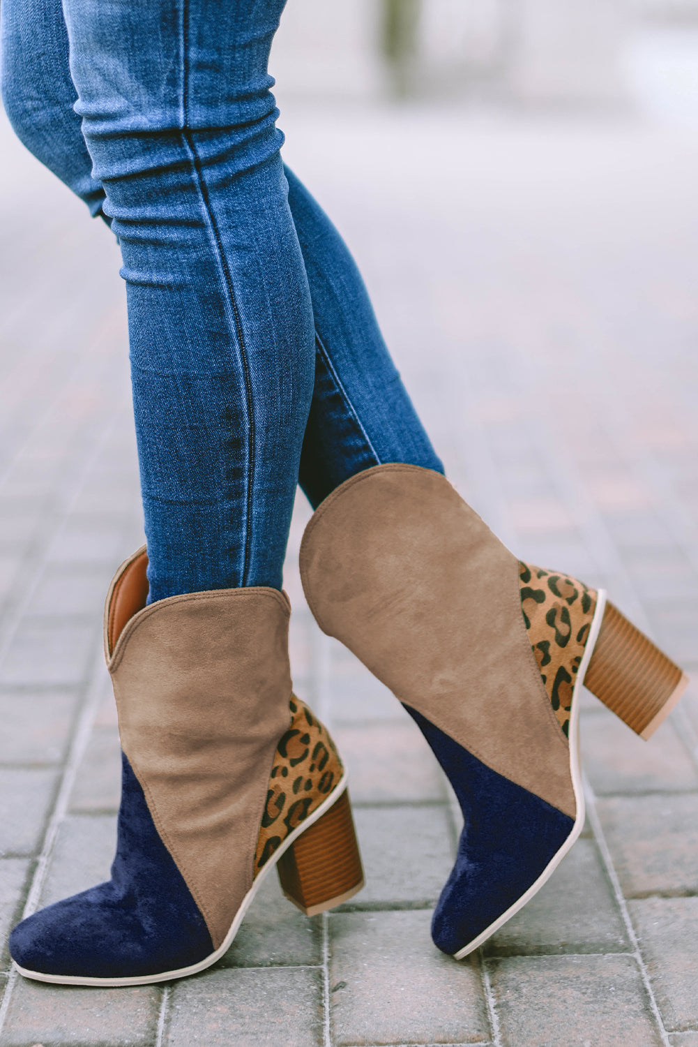 Boots Leopard Print Color Block Patchwork Heeled