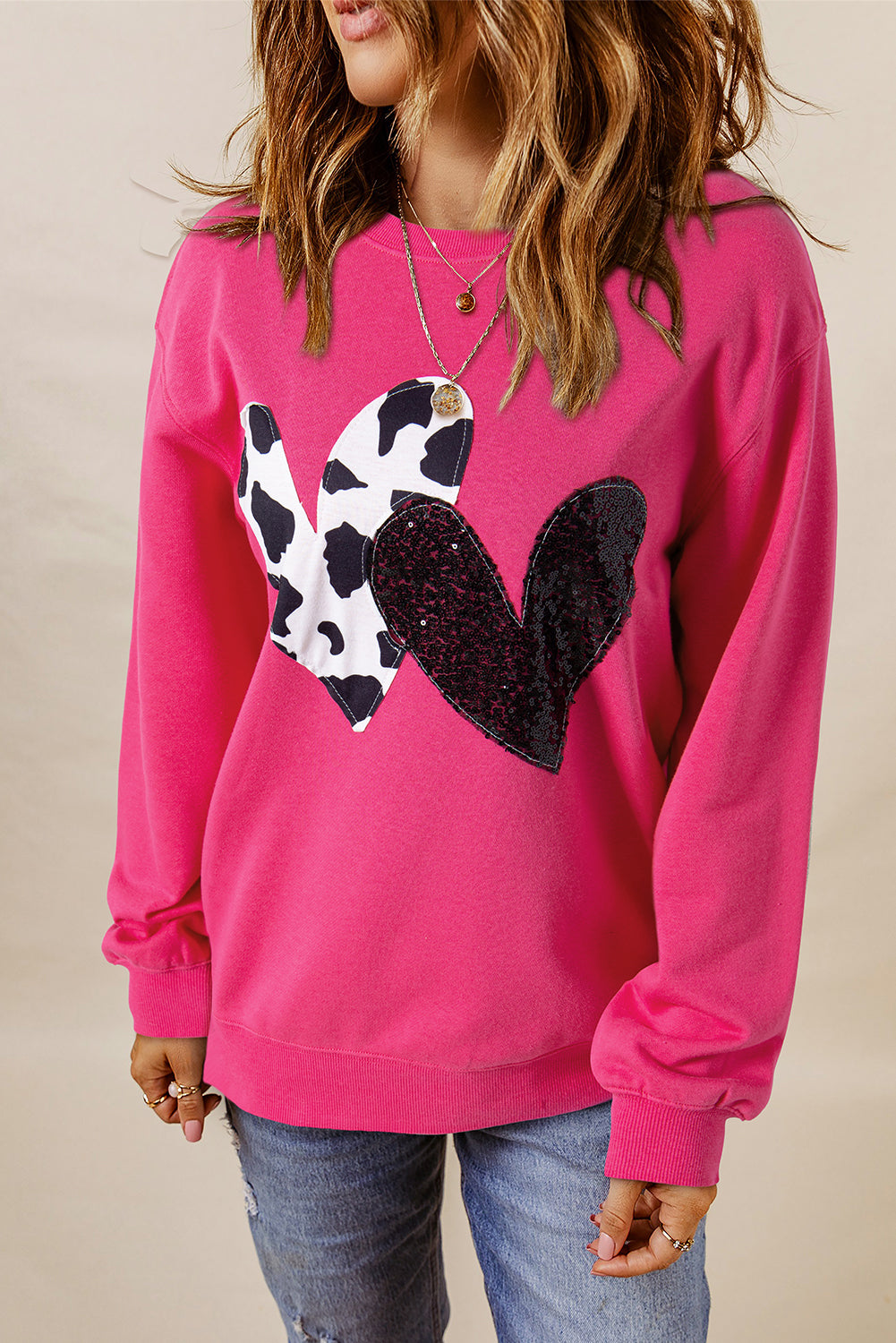 Sweat Shirt Pink Cow & Sequin Double Heart Patch Graphic