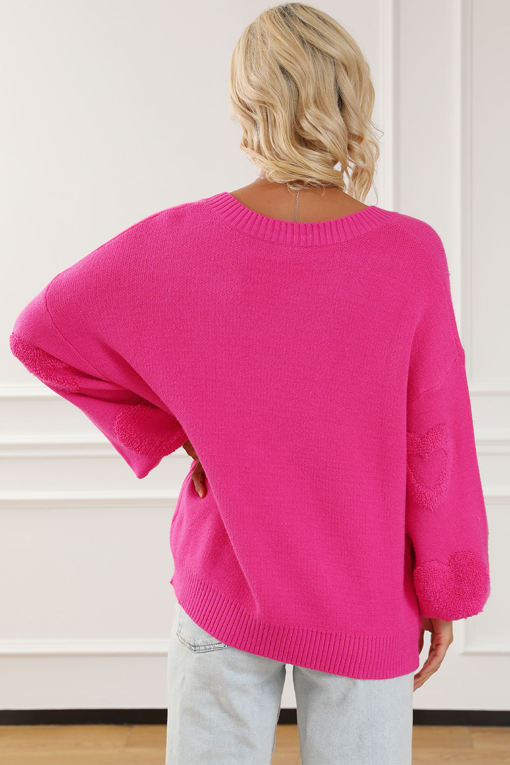 Sweater Rose Red Pearl Embellished Fuzzy Hearts V Neck