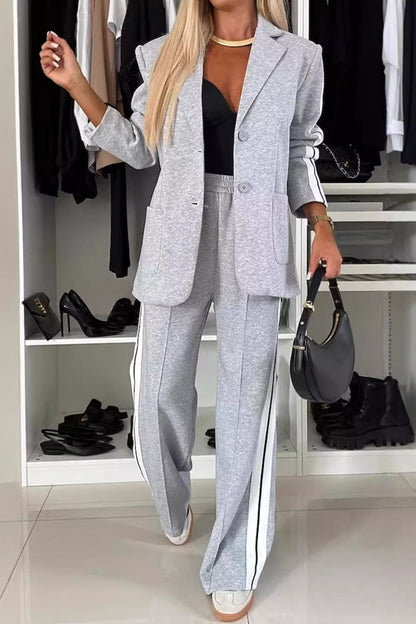 Casual Pant Set Contrast Lapel Collar Top and