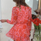 Fiery Red Floral Ruffle Layered Puff Sleeve Surplice Dress