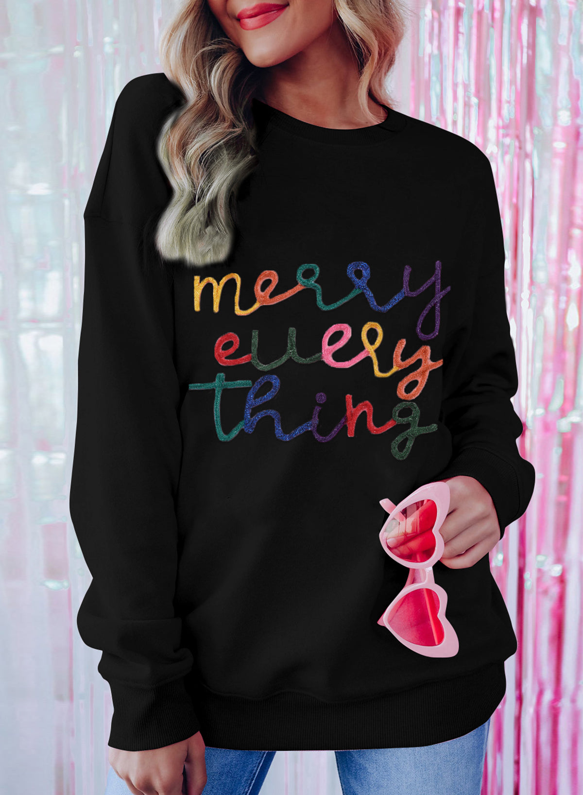 Black Merry Every Thing Glitter Slogan Sweatshirt