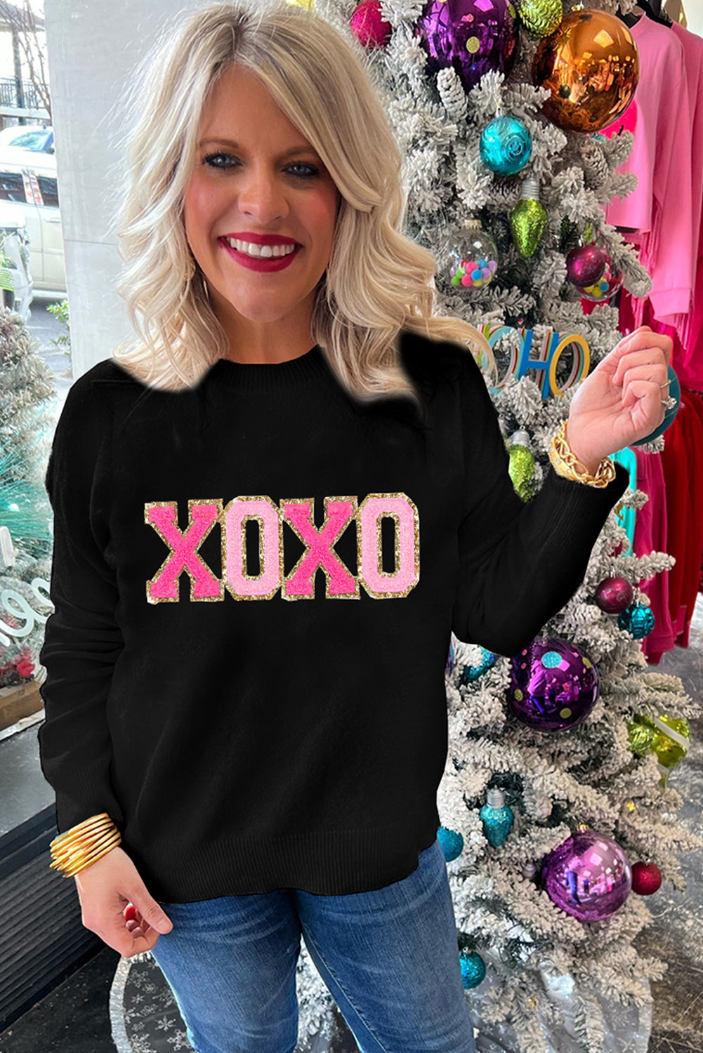 Sweater Black XOXO Glitter Print Round Neck