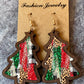 Fiery Red Shade Of Leopard Plaid Christmas Tree Earrings