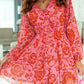 Fiery Red Floral Ruffle Layered Puff Sleeve Surplice Dress