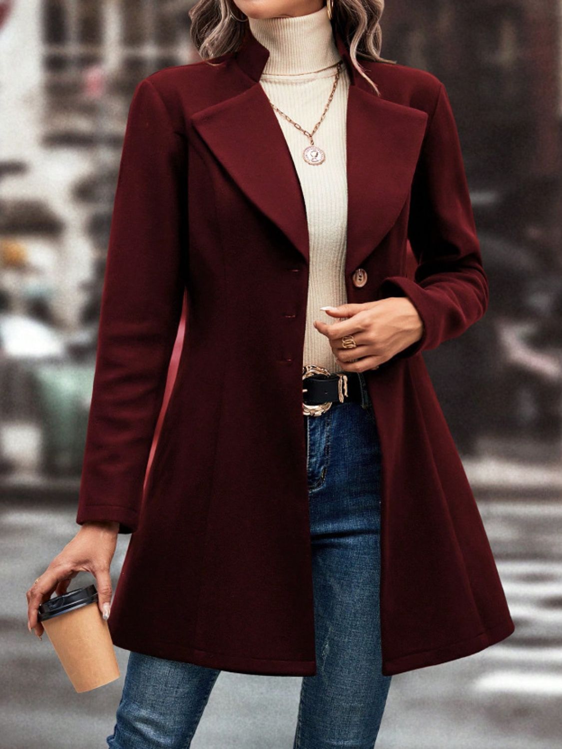 Casual Collared Neck Button Up Long Sleeve Coat