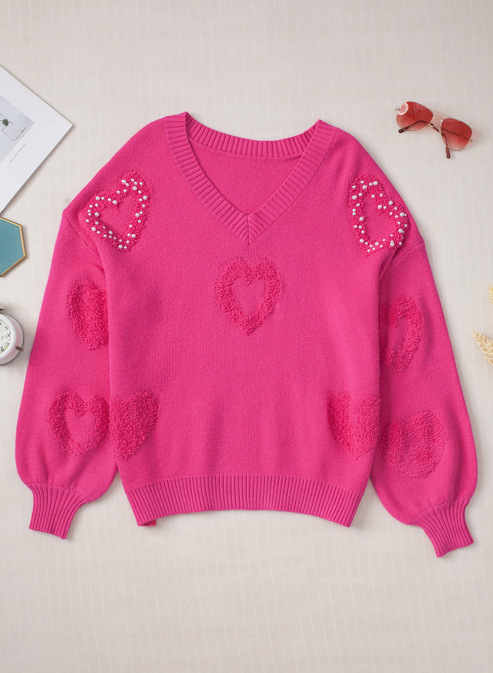 Sweater Rose Red Pearl Embellished Fuzzy Hearts V Neck