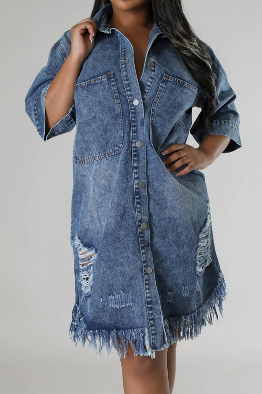 Denim Dress Distressed Raw Hem Button Up