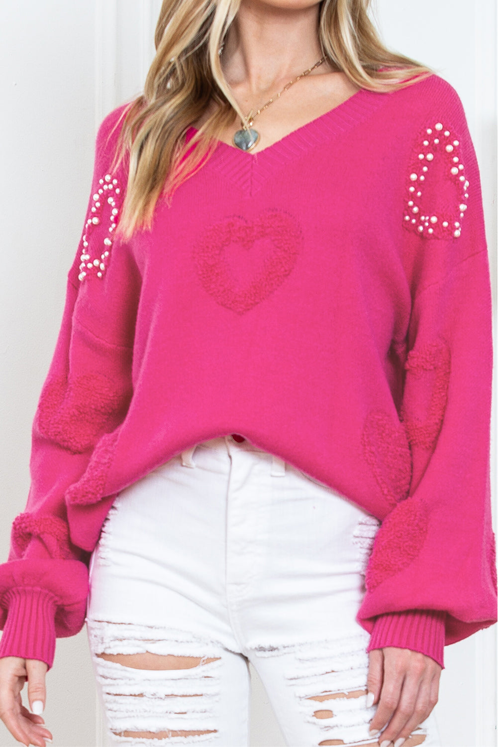 Sweater Rose Red Pearl Embellished Fuzzy Hearts V Neck