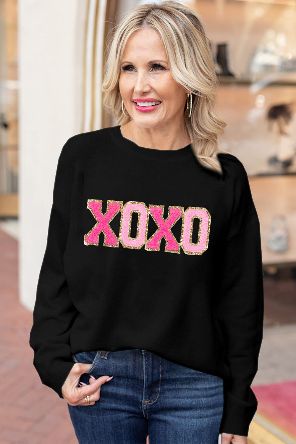 Sweater Black XOXO Glitter Print Round Neck