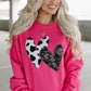 Sweat Shirt Pink Cow & Sequin Double Heart Patch Graphic