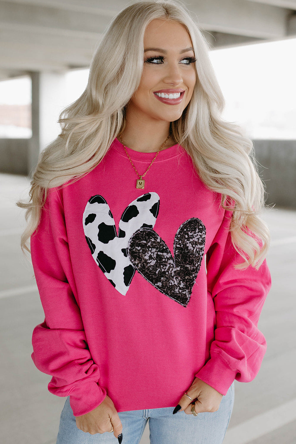 Sweat Shirt Pink Cow & Sequin Double Heart Patch Graphic