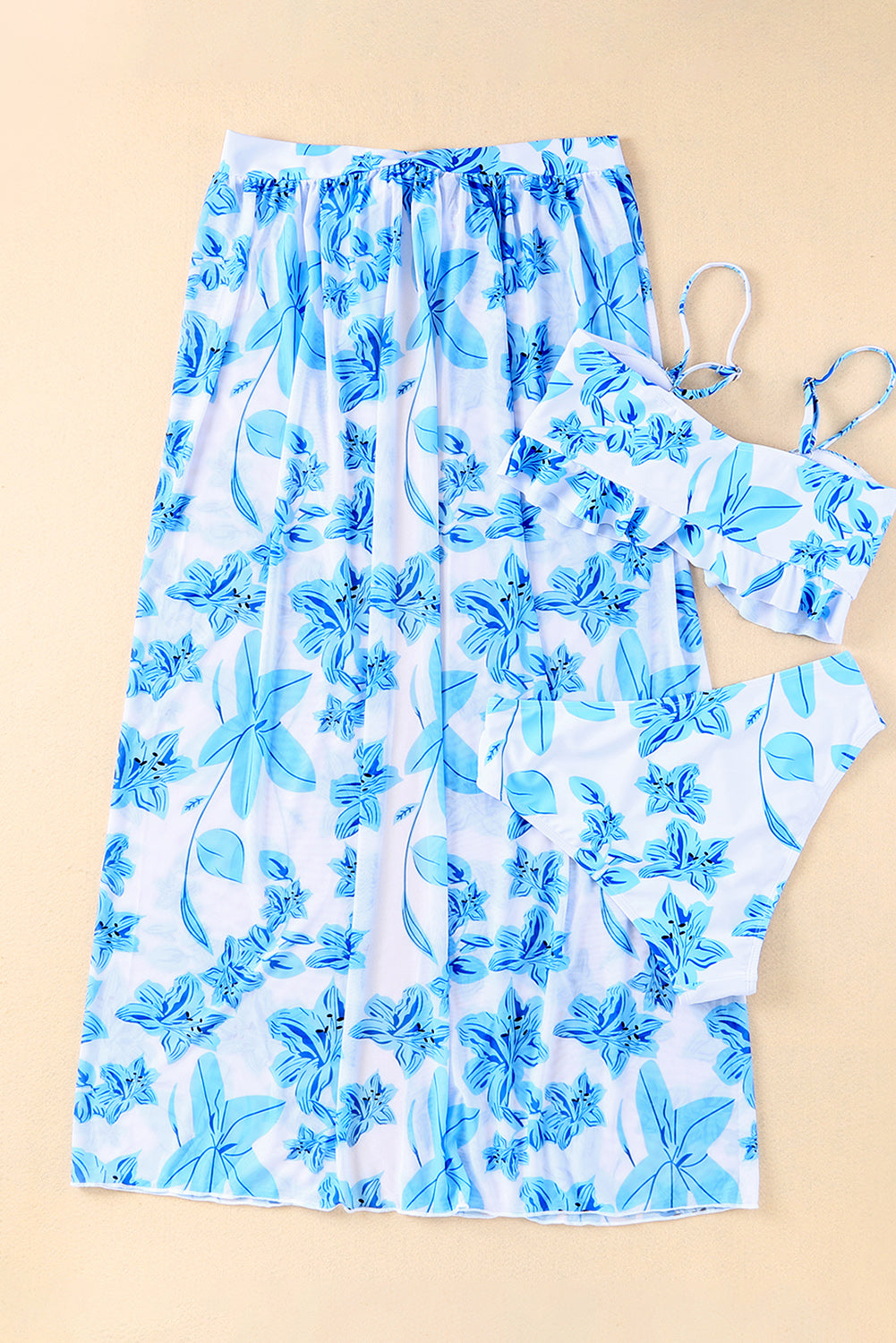 Swimsuit with Sarong Sky Blue Tropical Ruffle Bikini High Waisted