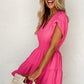 Strawberry Pink Ruched Sleeve V Neck Smock Waist Tiered Ruffled Dress