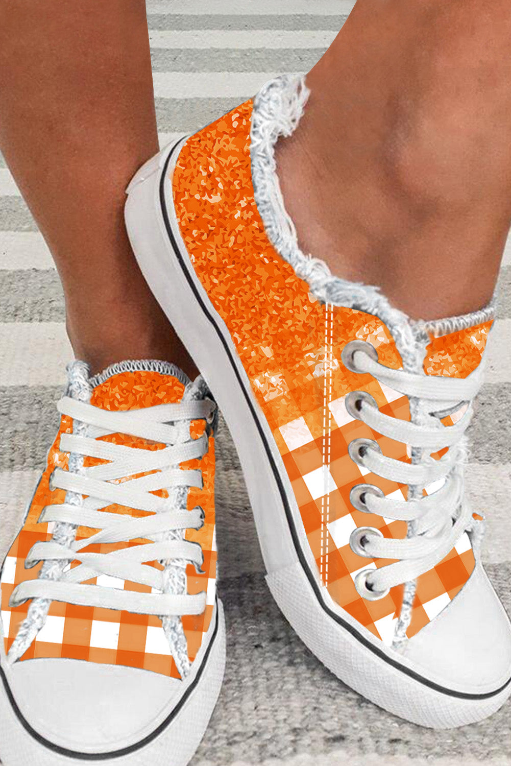 Sneakers Orange Checkered Flat Canvas Shoes