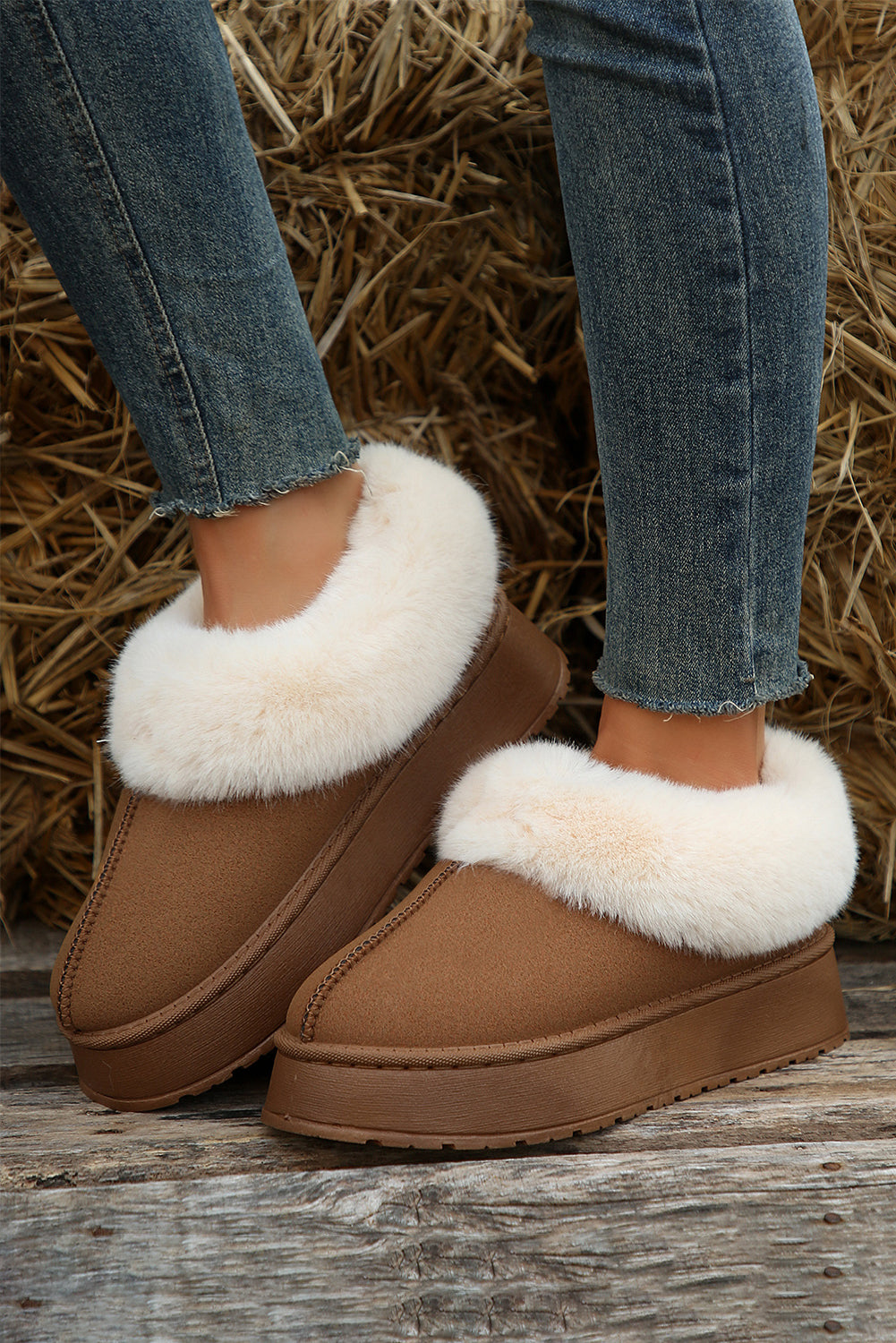 Boots Chestnut Plush Suede Trim Thick Sole Flat