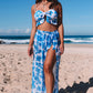 Swimsuit with Sarong Sky Blue Tropical Ruffle Bikini High Waisted