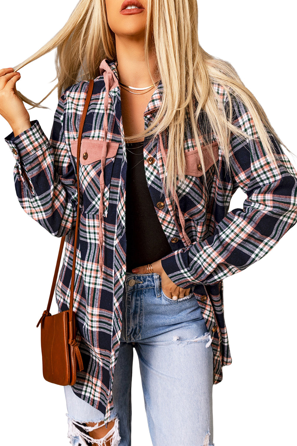 Jacket Shirt Jacket Pink Plaid Contrast Hooded Drawstring