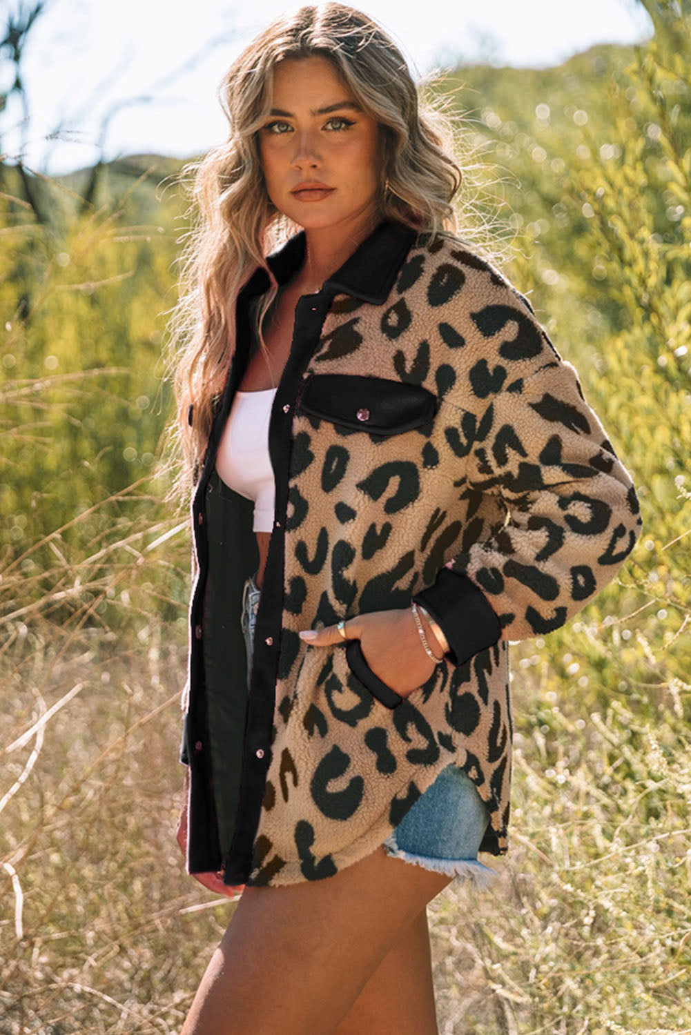 Jacket Shacket Shirt Black Contrast Trimmed Leopard Teddy