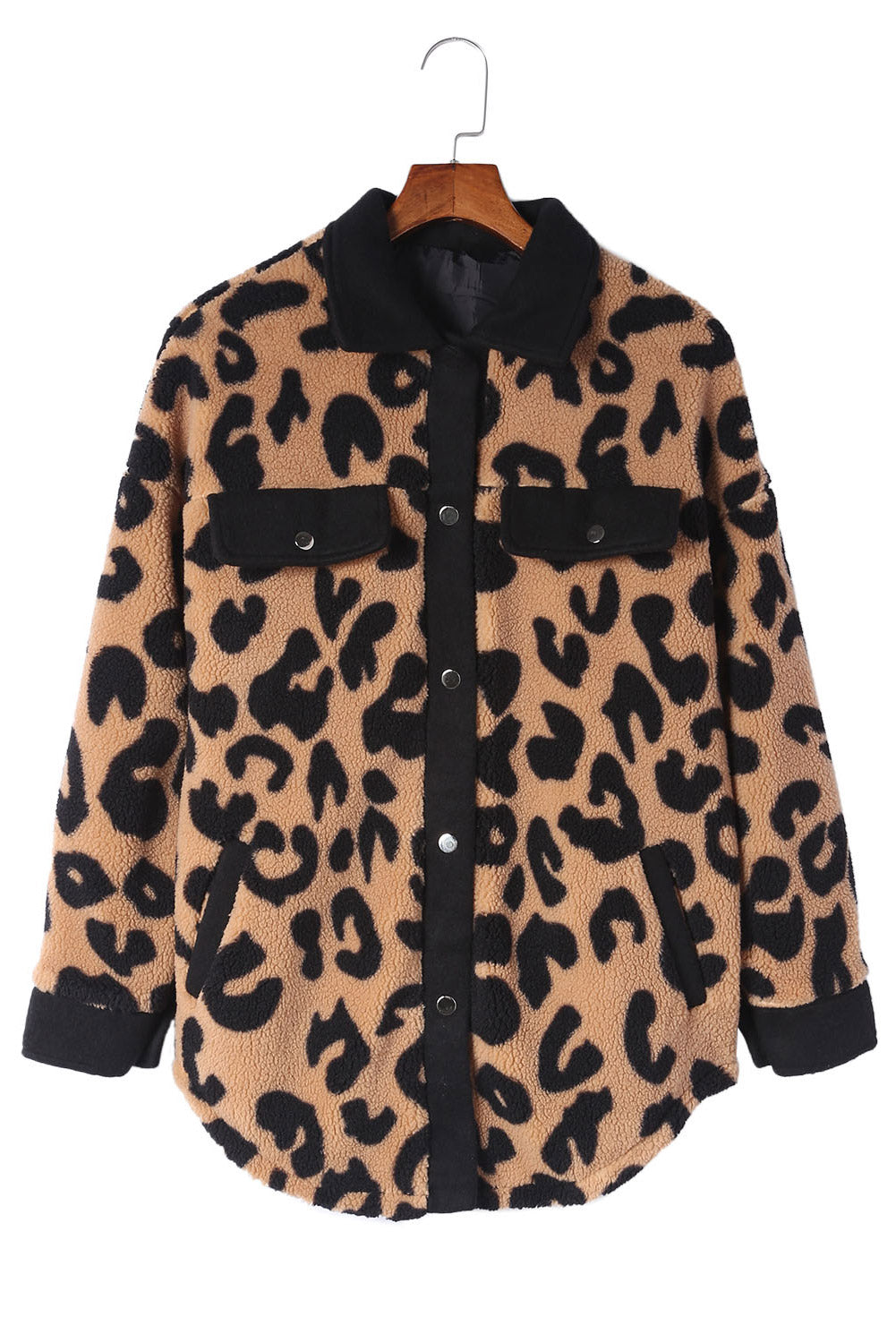 Jacket Shacket Shirt Black Contrast Trimmed Leopard Teddy