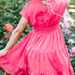 Strawberry Pink Ruched Sleeve V Neck Smock Waist Tiered Ruffled Dress