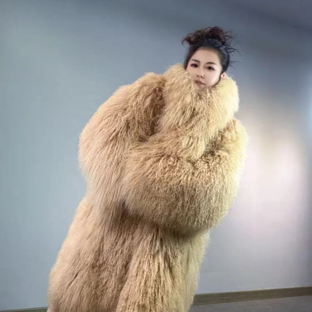 Women Fashion Turn Down Collar Temperament Long Fur Coat