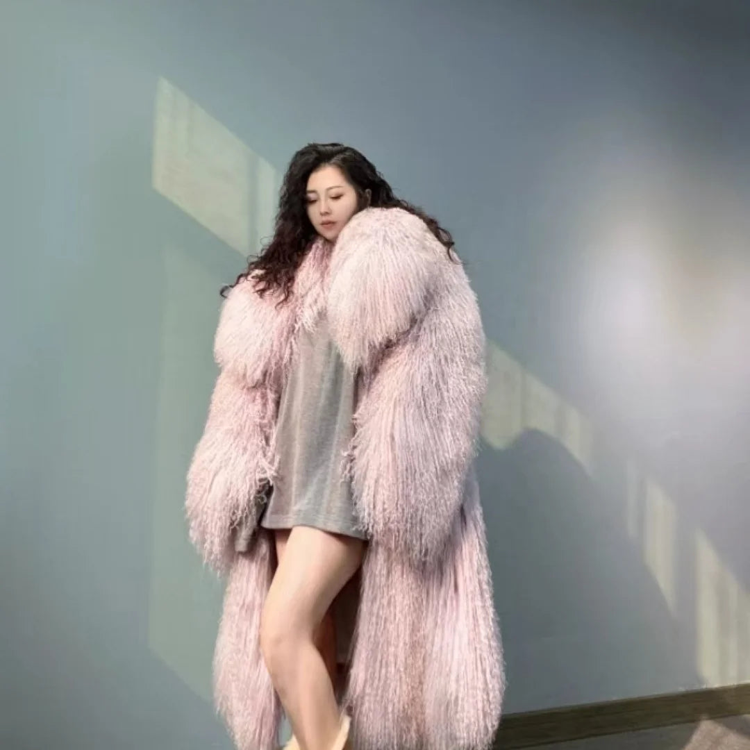 Women Fashion Turn Down Collar Temperament Long Fur Coat