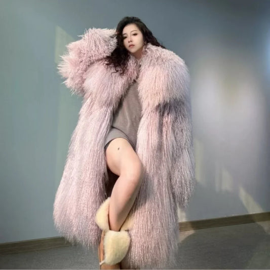 Women Fashion Turn Down Collar Temperament Long Fur Coat