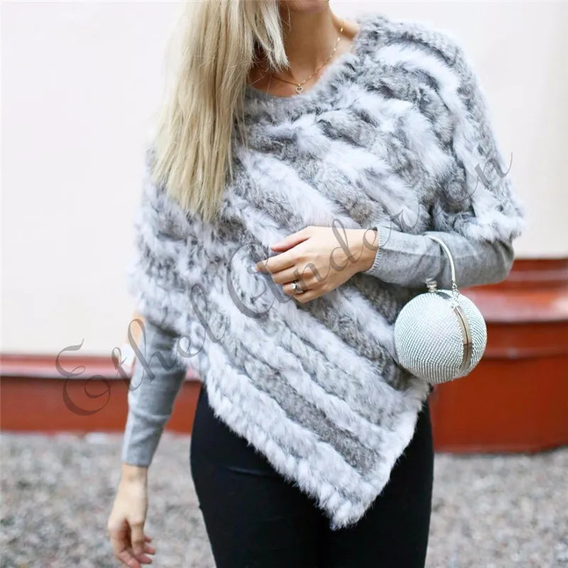 Women ETHEL ANDERSON Knitted Rabbit Fur Poncho Wrap Shawl Wedding or Party