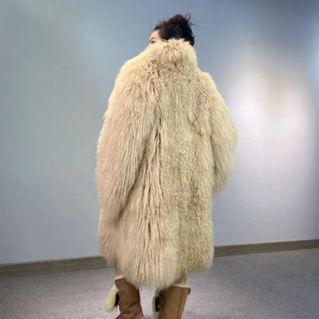 Women Fashion Turn Down Collar Temperament Long Fur Coat