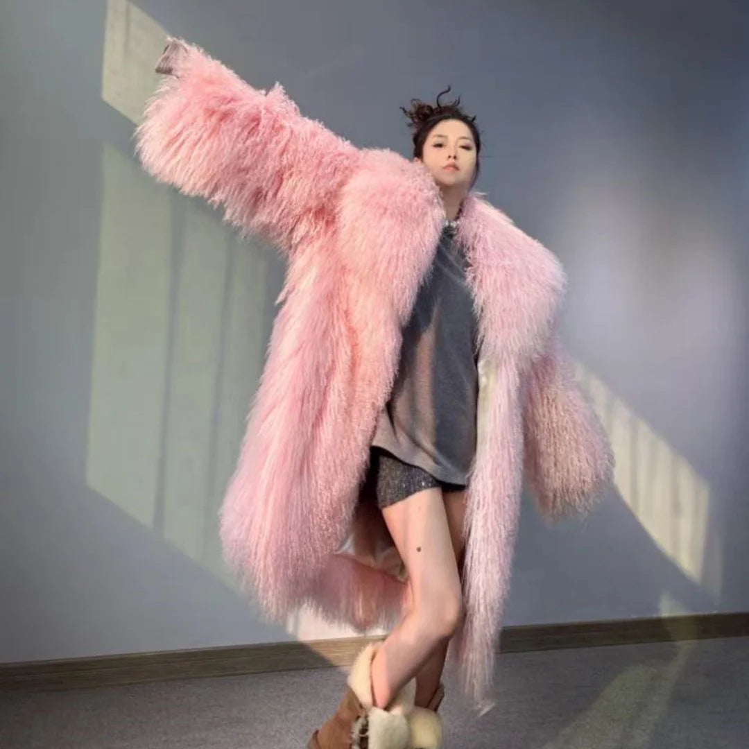 Women Fashion Turn Down Collar Temperament Long Fur Coat