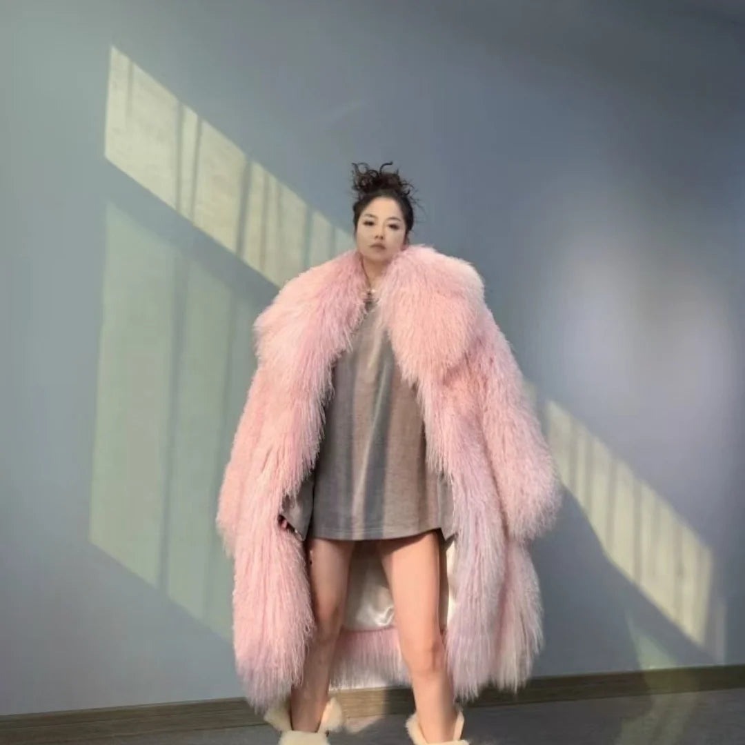 Women Fashion Turn Down Collar Temperament Long Fur Coat