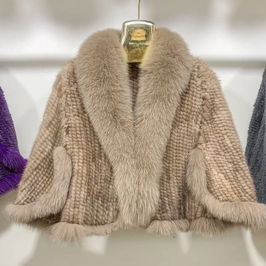 Women Fur Poncho Knitted 100% Natural Real Mink Shawl Natural Fox Fur