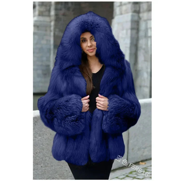 Women Warm Faux Fur Winter Thicken Hooded High Quality Faux Fox Fur Coat Lady 2025 New Casual Large Size Cloth Available 5XL