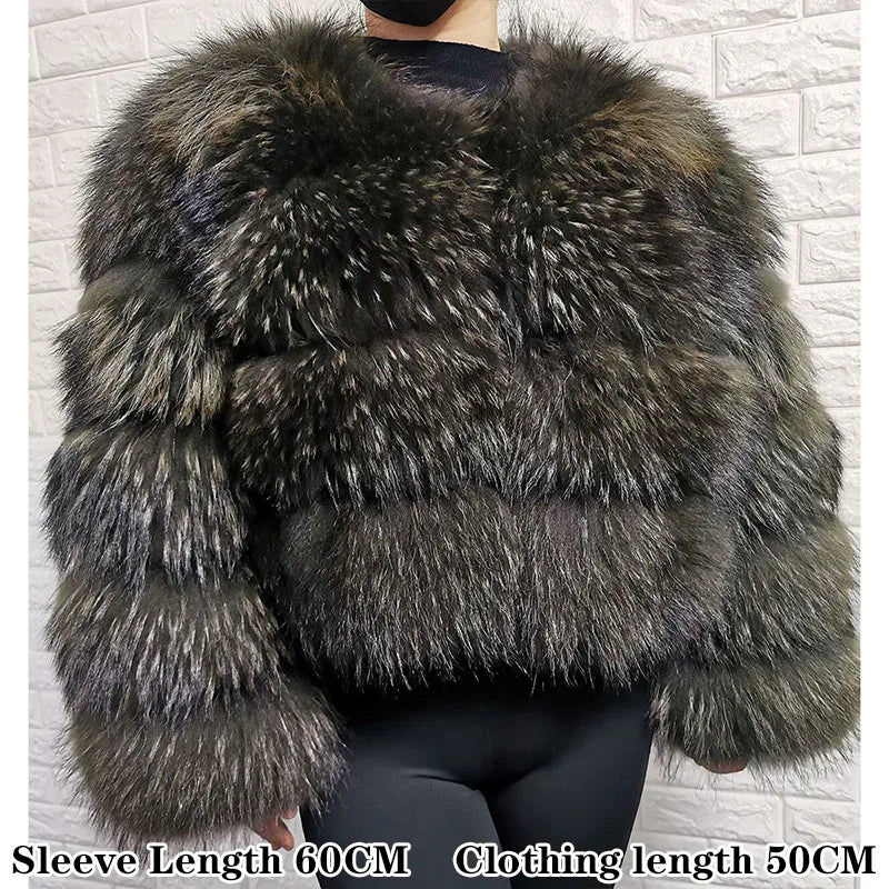 2025 Maomaokong Real Fur Coat Women Natural Raccoon Fur Jacket Female Winter Warm Fox Fur Coat High Quality Long Sleeve With Hat