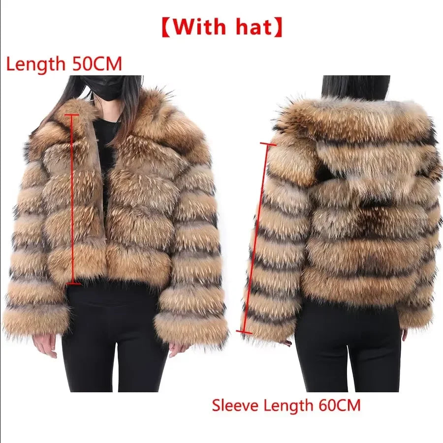 2025 Maomaokong Real Fur Coat Women Natural Raccoon Fur Jacket Female Winter Warm Fox Fur Coat High Quality Long Sleeve With Hat