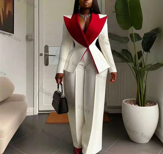 A Women Blazer Pants Trousers Red Lapel Cotton Formal Lady Jacket Customized