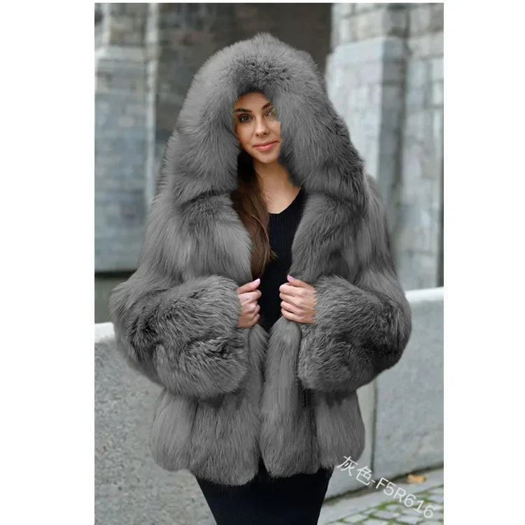 Women Warm Faux Fur Winter Thicken Hooded High Quality Faux Fox Fur Coat Lady 2025 New Casual Large Size Cloth Available 5XL
