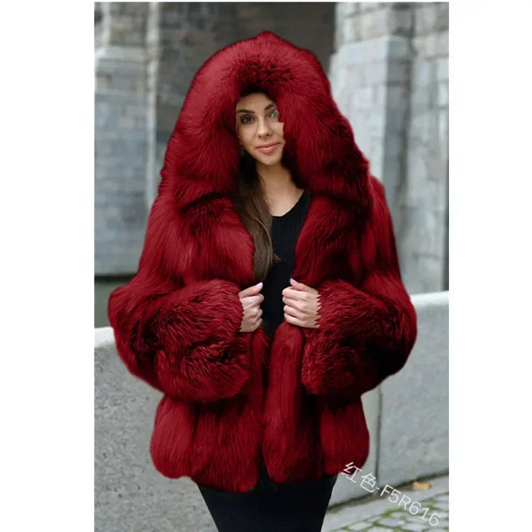 Women Warm Faux Fur Winter Thicken Hooded High Quality Faux Fox Fur Coat Lady 2025 New Casual Large Size Cloth Available 5XL