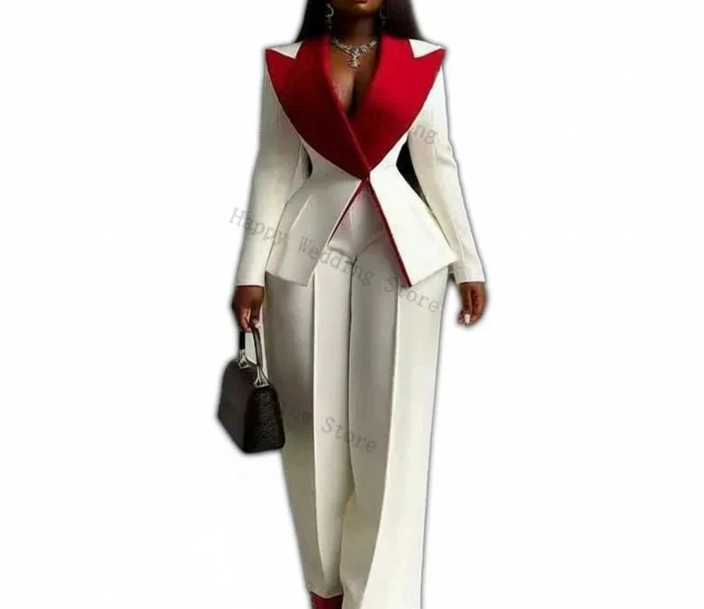 A Women Blazer Pants Trousers Red Lapel Cotton Formal Lady Jacket Customized