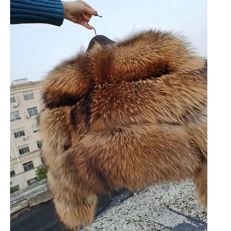 2025 Maomaokong Real Fur Coat Women Natural Raccoon Fur Jacket Female Winter Warm Fox Fur Coat High Quality Long Sleeve With Hat