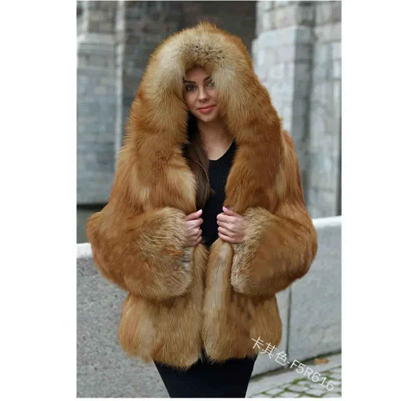 Women Warm Faux Fur Winter Thicken Hooded High Quality Faux Fox Fur Coat Lady 2025 New Casual Large Size Cloth Available 5XL