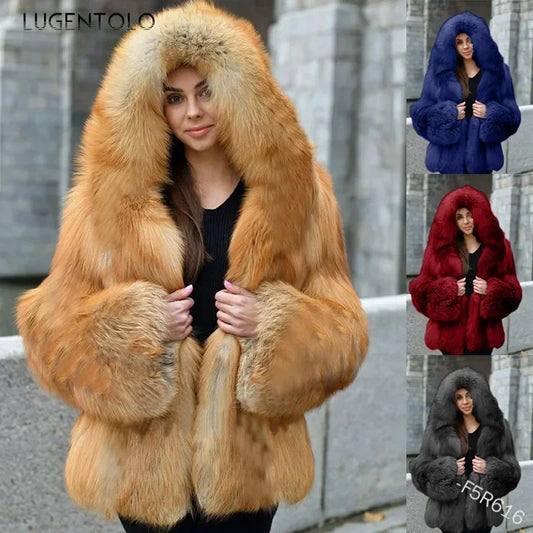Women Warm Faux Fur Winter Thicken Hooded High Quality Faux Fox Fur Coat Lady 2025 New Casual Large Size Cloth Available 5XL