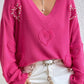 Sweater Rose Red Pearl Embellished Fuzzy Hearts V Neck